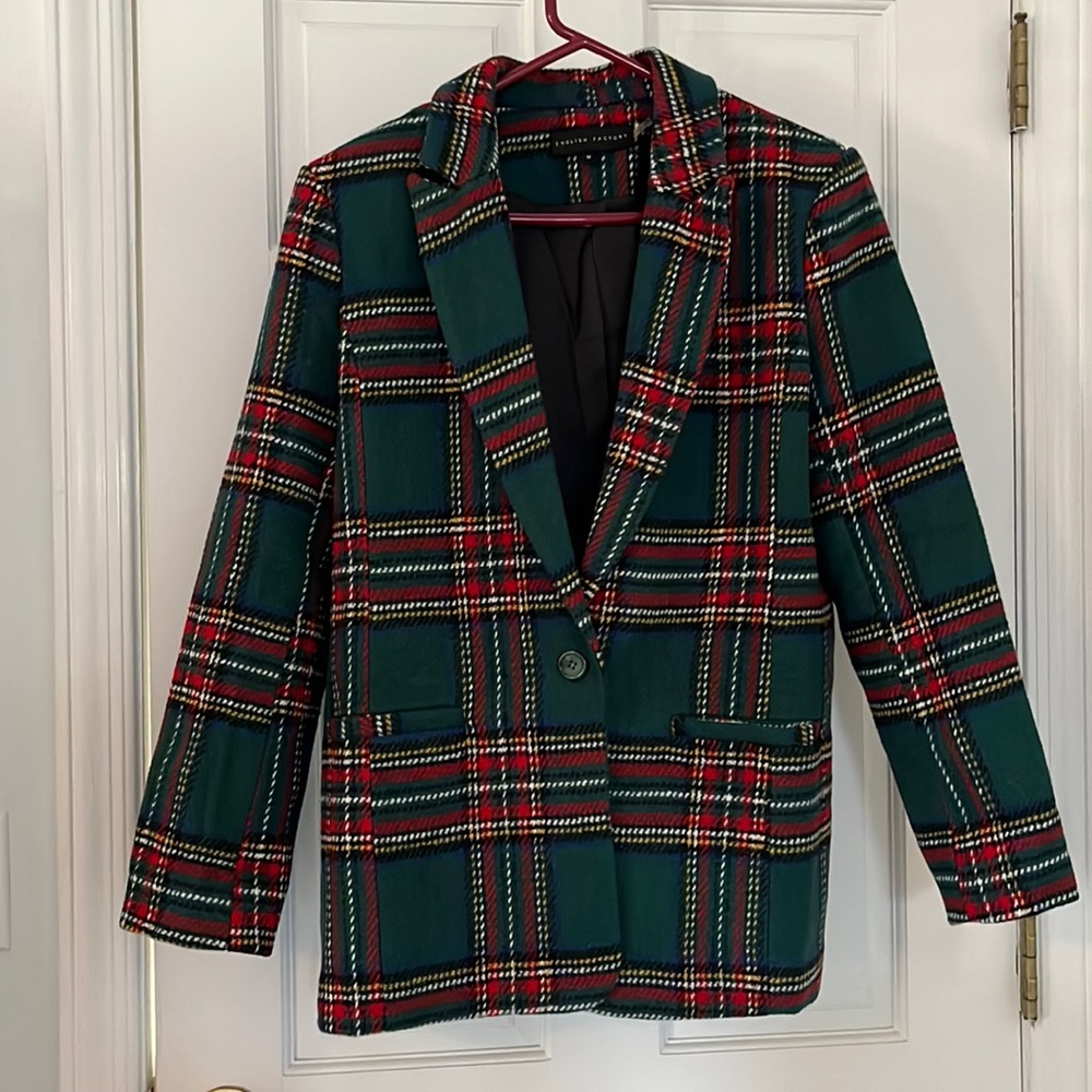 Plaid pocketed coat/blazer, relaxed fit, padded shoulders